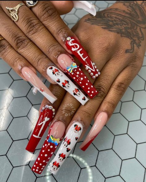 Spooky Coffin Nails, Long Halloween Nails, Nail Designs Spooky, Halloween Nails Red, Minnie Mouse Nail Art, Disney Acrylic Nails, Minnie Mouse Nails, Halloween Acrylic, Halloween Acrylic Nails