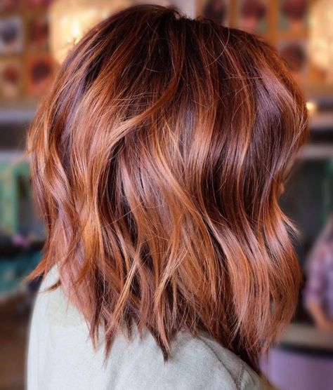 Copper Mohagany Hair Color, Auburn Long Bob Hairstyles, Long Bob Auburn Hair, Copper Long Bob Hair, Best Hair Color For Bright Spring, Long Bob Copper Balayage, Cute Short Haircuts For Women Shoulder Length, Cowboy Copper Bob Hair, Auburn Long Bob