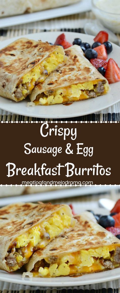 Crispy Sausage and Egg Breakfast Burritos - An easy grab and go breakfast burrito with eggs, sausage and colby jack cheese rolled into a tortilla and browned in a skillet until crisp. Freezer friendly and easy to heat up for a quick breakfast, lunch or di Sausage And Egg Breakfast Burritos, Crispy Sausage, Sausage And Egg Breakfast, Resep Sandwich, Menu Sarapan Sehat, Flour Tortilla, Grab And Go Breakfast, Burritos Recipe, Sausage And Egg