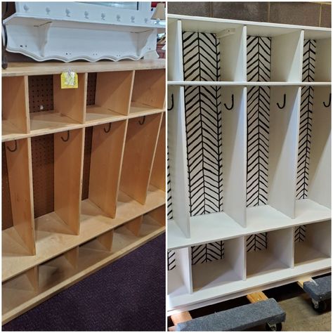 Thrifted cubbies refurbished for Henry's playroom Modern Cubby Storage, Student Cubby Organization, Home Daycare Entryway Ideas, Cubby Decorating Ideas Classroom, Cubby Entryway Ideas, Cubby Storage Ideas Classroom, Daycare Cubby Ideas, Daycare Cubbies Ideas, Daycare Entryway Ideas