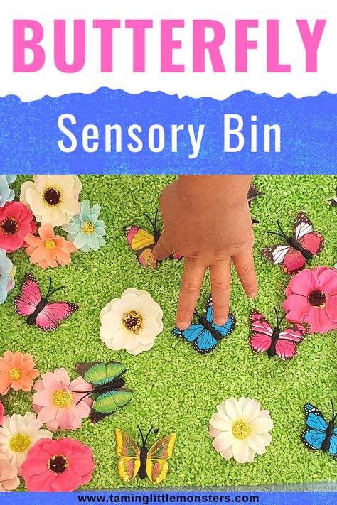 Butterfly Sensory Activity for Kids. A fun spring themed sensory bin for toddlers and preschoolers. #spring #sensory #toddler #preschool Sensory Bug Activities For Preschoolers, Spring Themed Crafts For Toddlers, Spring Sensory Bin For Toddlers, Butterfly Themed Activities For Preschool, Insect Sensory Activities, Butterfly Centers Preschool, Butterfly Science Activities Preschool, Bug Themed Activities For Toddlers, Spring Themed Toddler Activities