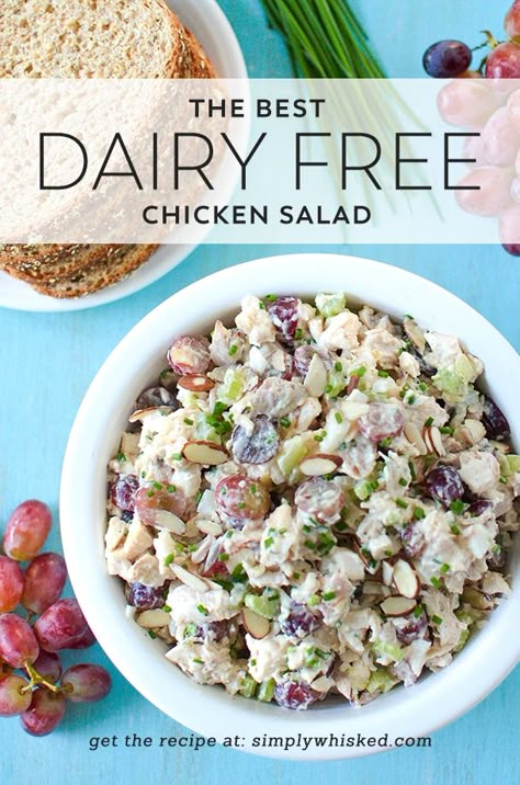 Dairy Free Chicken Salad | Dairy free lunch, dairy free salad | @simplywhisked Dairy Free Chicken Salad, Dairy Free Salad, Salad Dairy Free, High Protein Chicken Salad, Chicken Recipes Dairy Free, Dairy Free Lunch, Dairy Snacks, Salad With Grapes, Dairy Free Salads