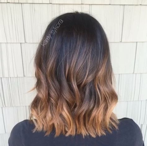 Dark brunette with Carmel copper balayage hair color Ombre Hair Color On Short Hair, Copper Balayage Hair, Color Melt Hair, Above Shoulder Hair, Short Shoulder Length Hair, Zoella Hair, Color Melting Hair, Sunkissed Hair, Root Melt