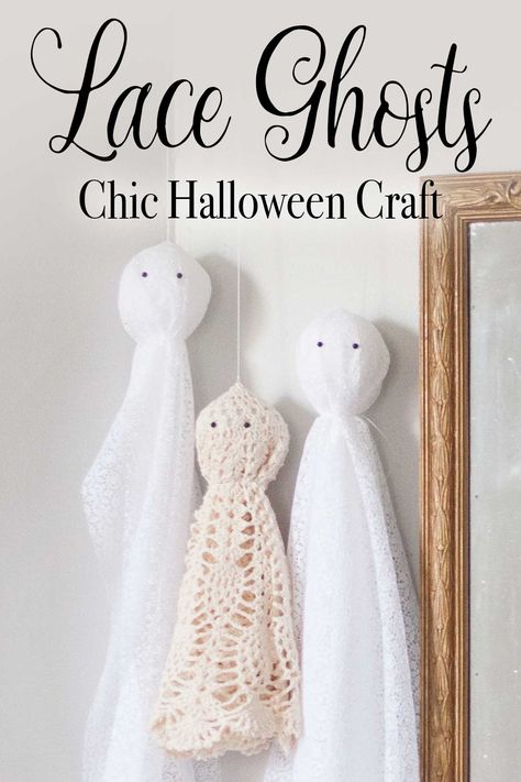 These chic lace ghosts are an easy and elegant Halloween craft perfect for farmhouse, boho, or vintage-eclectic home decor. Lace Garland, Spooky Chic, Halloween Ghost Decorations, Boho Halloween, White Lace Fabric, Halloween Garland, Elegant Halloween, Chic Halloween, Halloween Crafts Decorations