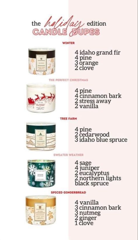 Copycat Candle Scent Recipes, Candle Making Scent Recipes Christmas, Bath And Body Works Candle Recipe, Fragrance Blends For Candles, Candle Essential Oil Recipes, Candle Scent Recipes, Candle Fragrance Recipes, Candle Scent Combinations, Essential Oil Candle Blends