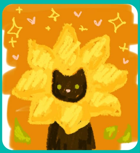 Cute Sunflower Drawing, Yellow Cat Drawing, Sunflower Pixel Art, Black Cat Doodles, Sunflower Pfp, Black And Yellow Aesthetic, Sunflowers Drawing, Sunflower Digital Art, Sunflower Doodle