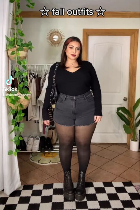 @arlenett_ on LTK Sheer Tights With Shorts Outfit, Plus Size Shorts With Tights Outfit, Plus Size Stockings Outfits, Black Tights Outfit Plus Size, Fall Concert Outfit Plus Size, Shorts And Stockings, Grunge Outfits Plus Size, Plus Size Alt Fashion, Black Tights Outfit