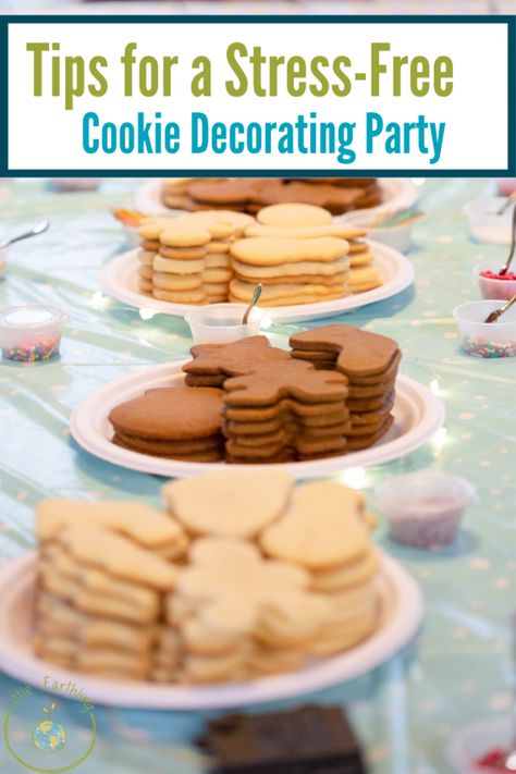 Tips for a Stress-Free Cookie Decorating Party Kids Decorating Christmas Cookies, Class Christmas Cookie Decorating Party, Cookie Decorating Party Valentines Day, Decorate Your Own Cookie Party, Decorating Cookies Party, Preschool Cookie Decorating, Cookie Decorating Class Party, Holiday Cookie Party Ideas, Christmas Cookies To Decorate With Kids