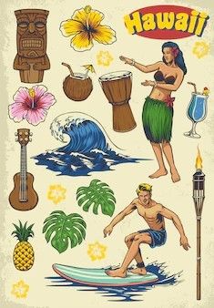 Hawaiian Tiki Art, Hawaii Aesthetic Drawing, Hawaii Illustration Hawaiian Art, Surf Drawing Doodles, Hawaii Doodles, Hawaii Cartoon, Surfing Drawing, Hawaii Drawing, Hawaii Illustration