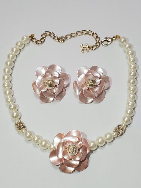 Price- 110.00 for Necklace and  110.00 for Earrings. Set Inspired by Chanel Classic Pink Camellias. Gorgeous and very rare! Necklace/choker  length- 15.5" ( I can make any you need length) #Chanelgirl #Chanel #cocochanel #chanel#earrings#Chanel Resort#choker Rare Necklace, Pink Camellia, Earrings Chanel, Chanel Resort, Chanel Earrings, Necklace Choker, Coco Chanel, Earrings Set, Very Rare