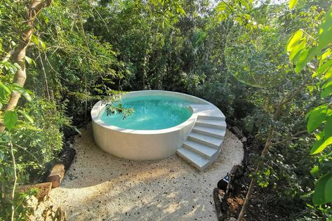 This All-glass Cabin in the Mexican Jungle Is One of the Most Stunning Airbnbs We've Ever Seen Mini Plunge Pool, Mini Glass House, Camp Design, Glass Cabin, Plunge Pools, Quintana Roo Mexico, Mini Pool, Round Pool, Small Pool Design