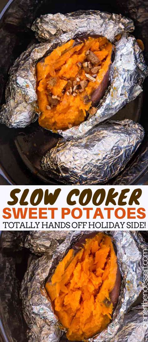 Crockpot Thanksgiving, Potato Recipes Crockpot, Crock Pot Sweet Potatoes, Easy Holiday Side Dishes, Sweet Potato Dinner, Slow Cooker Sweet Potatoes, Slow Cooker Baking, Crock Pot Potatoes, Baked Sweet Potatoes