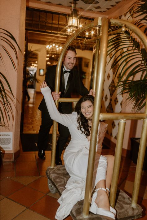 Bride Groom Luggage Cart La Valencia Hotel Cart Photoshoot, Hotel Luggage Cart, Modern Bridgerton, Wedding Luggage, Planning An Elopement, San Diego Elopement, Cute Engagement Photos, Romantic Backdrop, Wedding Hotel