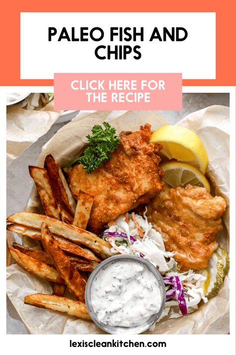 Paleo Fish and Chips Recipe - Lexi's Clean Kitchen Gluten Free Fish And Chips, Homemade Fish And Chips, Fish And Chips Recipe, Kitchen Website, Fish N Chips Recipe, Gluten Free Comfort Food, Paleo Fish, Gluten Free Fish, Lexi's Clean Kitchen