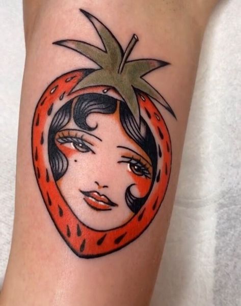 Tattoo Woman Face, Traditional Tattoo Woman Face, Traditional Tattoo Girls, Traditional Tattoo Woman, Tattoos Masculinas, Strawberry Tattoo, Cowgirl Tattoos, Traditional Tattoo Inspiration, Tattoos Traditional