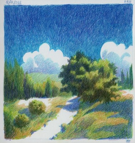 Illustration Art Colored Pencil, Sunny Day Lighting Reference, Painting With Colour Pencil, Color Pencil Watercolor, Acrylic Paint And Colored Pencil, Landscape Sketch Color Pencil, Acrylic And Colored Pencil, Tree Drawing Pencil Colour, Soft Color Pencil Art