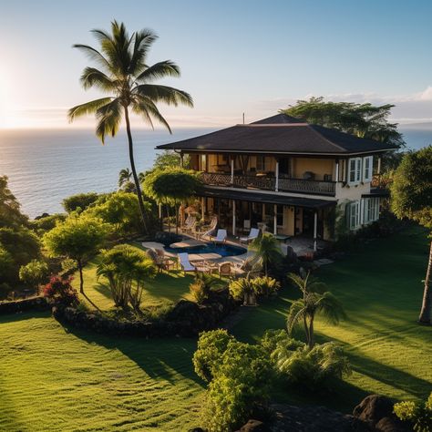 Tropical home in Kona, Hawaii, overlooking the Pacific Ocean during sunset. AI generated. Hawaii House Hawaiian Homes, Hawaii Homes Interior, Island Life House, Houses In Hawaii, Hawaii Houses, Big Beach House, House In Hawaii, Hawaii Beach House, Home In Hawaii