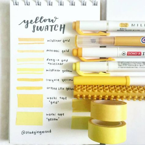 Yellow Stationery, Gold Washi Tape, Yellow Office, Stationery Obsession, Colorful Stationery, Neat Handwriting, Aesthetic School, Pretty Notes, School Tips