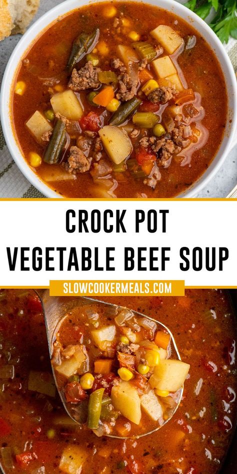 Crock pot vegetable beef soup in a white bowl Crock Pot Vegetable Beef Soup, Beef Soup Crockpot, Beef Soup Slow Cooker, Crockpot Vegetable Beef Soup, Beef Stew Soup, Easy Vegetable Beef Soup, Vegetable Soup Crock Pot, Ground Beef Crockpot Recipes, Easy Crockpot Soup