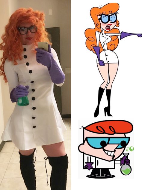 Dexter’s laboratory Costume Dexters Lab Costumes, Intimidating Halloween Costumes, Dexters Lab Costume Women, Diy Chel Costume, Non Anime Cosplay Ideas, 90s Cartoon Costume Ideas, Cartoon Cosplay Female, Easy Diy Cosplay Ideas, Cartoon Network Characters Costumes