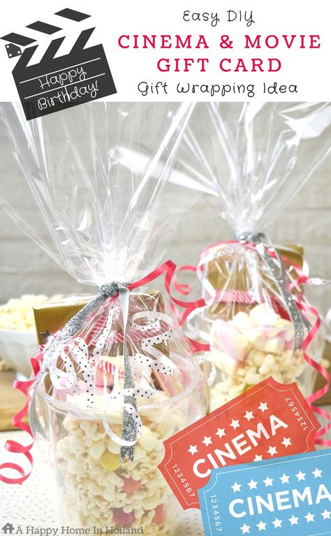 Easy movie or cinema gift card wrapping idea: The perfect gift for kids and teenagers! Cinema Gift Basket, Movie Tickets Gift Ideas, Movie Gift Card Ideas Christmas, Movie Gift Card Basket Ideas, Cinema Gift Ideas, Movie Gift Card Ideas, Gift Card Wrapping, Movie Basket, Movie Basket Gift