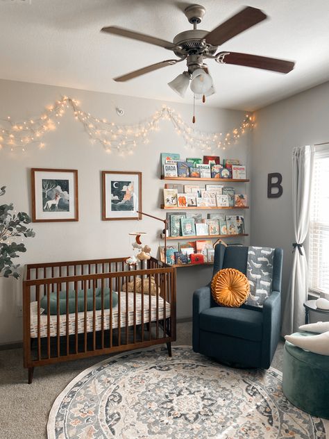 Nursery Book Theme, Book Themed Nursery Vintage, Anthropology Inspired Nursery, Story Nursery Theme, Books Nursery Theme, Books In Nursery Ideas, Books In Nursery Bookshelves, Nursery Ideas For Apartments, Den Nursery Ideas