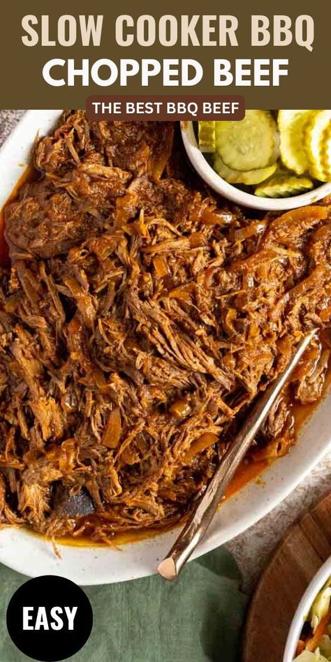 Nothing beats a tender and juicy BBQ chopped beef sandwich. This slow cooker recipe is a crowd-pleaser and a time-saver. Beef Bbq Crockpot, Pulled Beef Slow Cooker, Bbq Beef Crockpot, Slow Cooker Round Roast, Chopped Beef, Slow Cooker Bbq Beef, Slow Cooker Brisket, How To Make Bbq, Heavenly Recipes