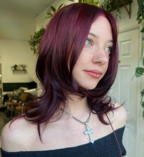 Hair Color Bob Haircut, Purplish Red Hair Color, Low Maintenance Purple Hair, Bright Winter Red Hair, Burgundy Underdye Hair, Colored Tips Hair Brunette, Short Deep Red Hair, Dark Fuschia Hair, Dark Pink Red Hair