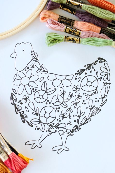 Hand Embroidery Drawing Designs, Free Chicken Embroidery Patterns, Embroidered Chicken Pattern, Line Art For Embroidery, Embroidery Chicken Patterns, Rooster Embroidery Pattern, Chicken Hand Embroidery, Chicken Embroidery Patterns Free, Quilt Embroidery Designs