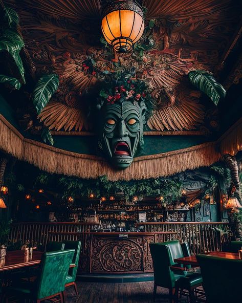 230104 - enchanted tiki bar, maximalist; set in #midjourney . in a corner of the jungle, hidden away lies a tiki bar, enchanted and wild.… | Instagram Jungle Tiki Bar, Zen Bar Design, Dark Bar Design, Dark Tiki Aesthetic, Jungle Bar Design, Garden Tiki Bar, Tiki Aesthetic, Best Bar Design, Tiki Bar Ideas