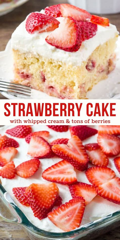 This homemade strawberry cake is a moist and tender vanilla cake filled with strawberry pieces and topped with whipped cream and more berries. It's simple, elegant and perfect for anyone who loves strawberries n' cream #strawberrycake #strawberriesandcream #berries #summer from Just So Tasty https://www.justsotasty.com/homemade-strawberry-cake/ Strawberry Flavored Cake Recipe, Simple Strawberry Cake Recipe, Homemade Strawberry Desserts, Strawberry Love Cake, Strawberries And Cream Cake Recipe, Strawberry Cake With Real Strawberries, Strawberry Ice Cream Cake Recipe, Lemon And Strawberry Cake, Strawberry Bliss Pound Cake