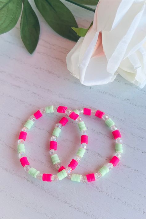 Clay Bead Bracelet Ideas Hot Pink, Pink And Green Clay Bead Bracelet, Holiday Heishi Bracelets, Spring Bracelets Clay Beads, Pastel Clay Bead Bracelet, Watermelon Clay Bead Bracelet, Clay Bead Bracelet Ideas Valentines, Spring Clay Bead Bracelets, Clay Bracelet Patterns