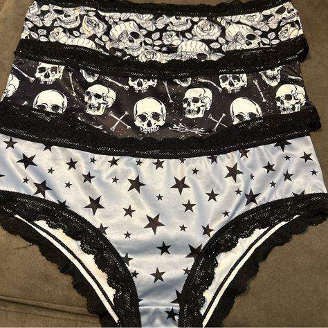 Questions? Leave A Comment Below! New Morvia 3pk Lace Trim Cheeky Goth Emo Panties Choose Skull/Floral Skull/Stars Lingerie Reasonable Offers Will Be Considered Cute Undergarment Sets, Emo Things To Buy, Emo Swimwear, Cute Goth Clothes, Emo Wardrobe, Skull Swimsuit, Goth Pajamas, Skull Clothes, Goth Lingerie