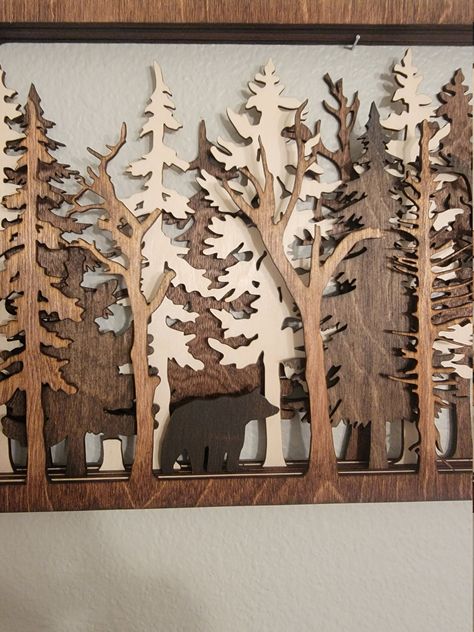 An open back design allows beautiful tree like shadows to appear on your wall behind it. The measurements for are : Extra Small - 8" x 5" Small - 17.75 x 10.75" Medium - 19" x 12" Large - 23.75" x 14.25" Other animals available on request. This is laser cut, multilayer wood art. It's made with Baltic Birch and each layer is stained a different color. It is 7 layers and each layer is 1/8". There is a Sawtooth mount on back. This is made to order, so please allow 5 days for us to make it before we 75 Medium, 7 Layer, Cottage Cabin, Forest Nature, Into The Wild, Fireplace Mantel, Scroll Saw, The Wild, Fireplace