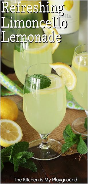 Limoncello Lemonade ~ Refreshingly delicious & super easy to make! With its combination of Limoncello, fresh lemon juice, & a hint of mint, it's one very tasty drink for poolside, front porch sitting, Sunday brunch, or even a summer bridal shower. www.thekitchenismyplayground.com Limoncello Lemonade, Front Porch Sitting, Limoncello Drinks, The Kitchen Is My Playground, Limoncello Cocktails, Cold Drinks Recipes, Limoncello Recipe, Drink Recipies, Simply Lemonade