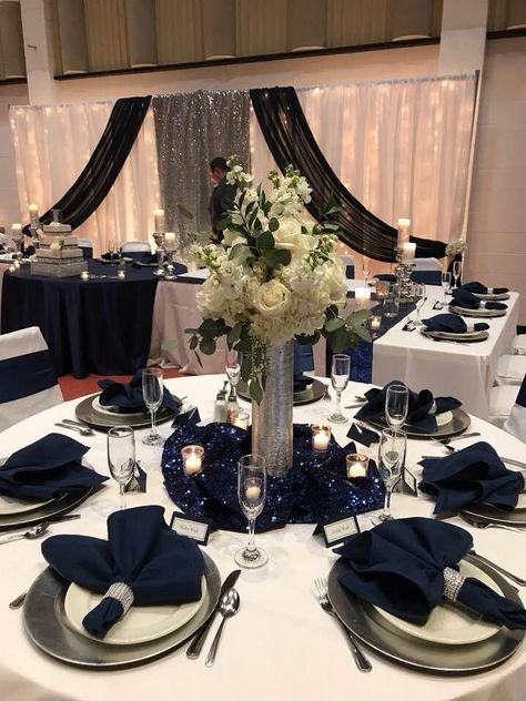 Quincenera Dresses Navy Blue, Navy Blue Quince Main Table, Quince Themes Black, Star Themed Quinceanera Dresses, Midnight Blue Decorations, Quince Table Centerpieces Blue, Midnight Blue And Silver Quinceanera Theme, Dark Blue And Silver Quinceanera Theme, Quince Decorations Navy Blue