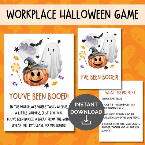 "Are you ready for some Halloween office fun?? It is that time of year to BOO your coworkers! If you have every been Booed by a neighbor, then you know how much fun it can be to find that surprise basket on your porch. This version is designed to be used in a workplace setting instead. It would be great for an office, hospital, school, etc. This You've Been Booed printable boo kit has just about everything you need for this fun Halloween tradition. All you need to supply is the treats! What's included: - \"You've Been Booed\" 5x7 sign with original poem - \"I've Been Booed\" 5x7 sign for your coworker to hang on their desk or door or in their window. - 5x7 instruction card for your neighbor - printing instructions and information INSTANT DOWNLOAD PDF File for easy home printing. PLEASE NOT You’ve Been Booed Office, You’ve Been Booed Coworker, Booed Halloween Ideas Work, October Secret Pal Ideas, Youve Been Booed Office Version, Boo Ideas For Work, You’ve Been Booed Ideas School, Boo Basket Card, You Been Booed Ideas