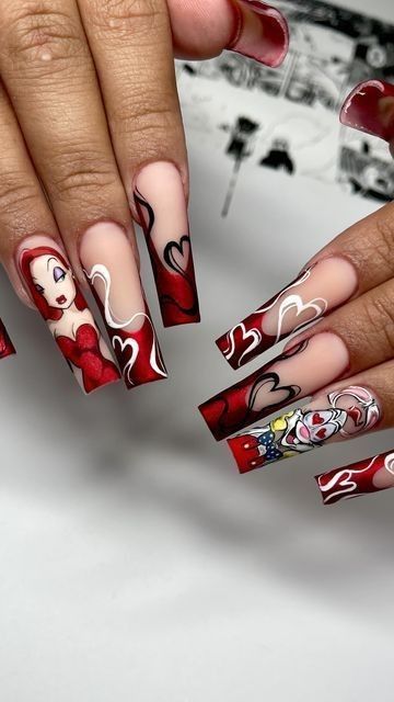 Nails Artistic Design, Jessica Rabbit Nails Art, Red Bottom Nails Designs, Jessica Rabbit Acrylic Nails, Teletubbies Nail Art, Casper Nails, Harley Quinn Nails Designs, Cartoon Nails Disney, Jessica Rabbit Nails