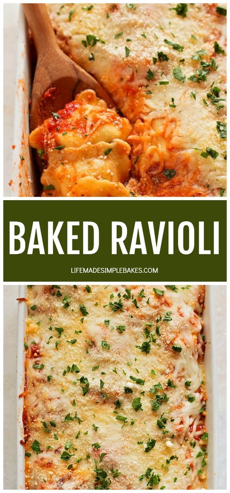 This baked ravioli is a dish even the kids will love! You can assemble it ahead of time and refrigerate it, then bake it right before dinner! Easy Baked Ravioli, Baked Ravioli Recipe, Food Entrees, Baked Ravioli, Life Made Simple, Ravioli Bake, Ground Italian Sausage, Ravioli Recipe, Food Test