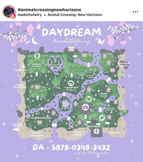 Cottage Core Dream Address Animal Crossing, Dream Land Animal Crossing, Island Designs Animal Crossing, Animal Crossing Map Inspiration, Fairy Outfit Animal Crossing, Dream Animal Crossing Code, Acnh Neighborhood Designs Fairycore, Acnh Fairycore Island Map, Froggy Crossing Dream Address