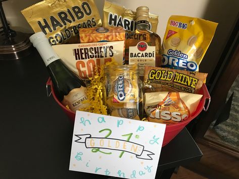 Gold Color Party Food, Color Party Basket Ideas Gold, Gold Color Party Basket, Golden Gift Basket Ideas, Golden Birthday Gift Basket, Golden Birthday Gift Ideas For Him, 27th Golden Birthday Ideas, Golden Birthday Basket, Golden Birthday Card Ideas