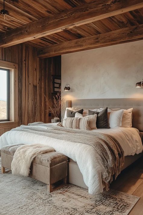 "Transform your sleep space with a Modern Rustic Bedroom! 🛏️✨ Ideal for adding warmth, character, and a touch of nature. 🌿✨ #ModernRustic #BedroomInspo #HomeStyling" Old House With Modern Interior, Montana Bedroom Ideas, Mountain Home Bedroom Ideas, Cabin Master Bedrooms Cozy, Log Cabin Bedrooms Master Suite, Barn House Bedroom, Rustic Interior Design Bedroom, Mountain Modern Bedroom, Mountain Bedrooms