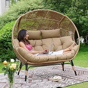 NICESOUL® Double Egg Chair Indoor Outdoor Stationary Oversized Thicken Padded Cushions,2 Person Egg Loveseat Chair,680 lbs Extra Large Lounge Chair for Patio Balcony Porch Backyard Brown Hanging Loveseat, Egg Chair Indoor, Large Lounge Chair, Oversized Loveseat, Wicker Patio Chairs, Egg Chairs, Wicker Lounge Chair, Deck Backyard, Basket Chair