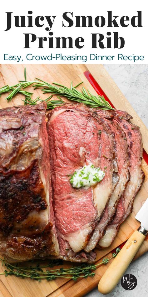 Smoked Prime Rib - an easy recipe for making the most juicy and tender prime rib on the smoker that you have ever had! Perfect for enjoying with your family and friends at your next holiday meal. This juicy and tender Smoked Prime Rib recipe is definitely a stunner! We will take you through everything you need to know for making a perfectly smoked prime rib roast, every time. A great option for serving at your next special occasion! This recipe is Whole30 and Paleo. Whole Prime Rib Roast, Prime Rib Brine, Prime Rib On Traeger Grill, Smoked Prime Rib Electric Smoker, Prime Rib Roast Smoker Recipe, Prime Rib On Smoker, Smoked Boneless Prime Rib, Prime Rib Smoker Recipe, Perfect Prime Rib Everytime