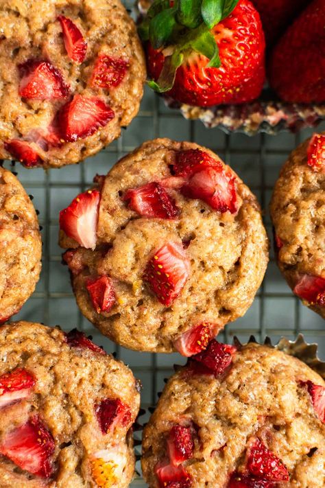 These Greek yogurt strawberry muffins are light, fluffy, and full of strawberry flavor. Thanks to the addition of a reduced strawberry puree AND diced strawberries, these muffins are fully saturated with delicious sweet strawberry goodness. #strawberrymuffins #muffins #muffinrecipe #fruitmuffins #berrymuffins #strawberrymuffin #muffinrecipes #breakfastrecipe #breakfastbaking Greek Yogurt Strawberry Muffins, Healthy Strawberry Muffins, Strawberry Yogurt Muffins, Strawberry Muffins Healthy, Diced Strawberries, Cottage Cheese Muffins, Yogurt Strawberry, Greek Yogurt Muffins, Fruit Muffins