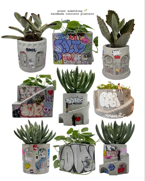 One of a kind graffiti art concrete planters Handmade Interior Decorating Ideas, Desk Decor Plants, Graffiti Plant Pot, Graffiti House Decor, House Decor Unique, Graffiti Home Decor, Graffiti Pottery, Graffiti Ceramics, Graffiti Planter