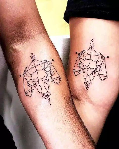 Libra and Taurus matching couple tattoo Taurus Best Friend Tattoo, Taurus Tattoo Men, Tattoo Rings, Zwilling Tattoo, Venus Tattoo, Bull Skull Tattoos, Balance Tattoo, Atlas Tattoo, Taurus Tattoo