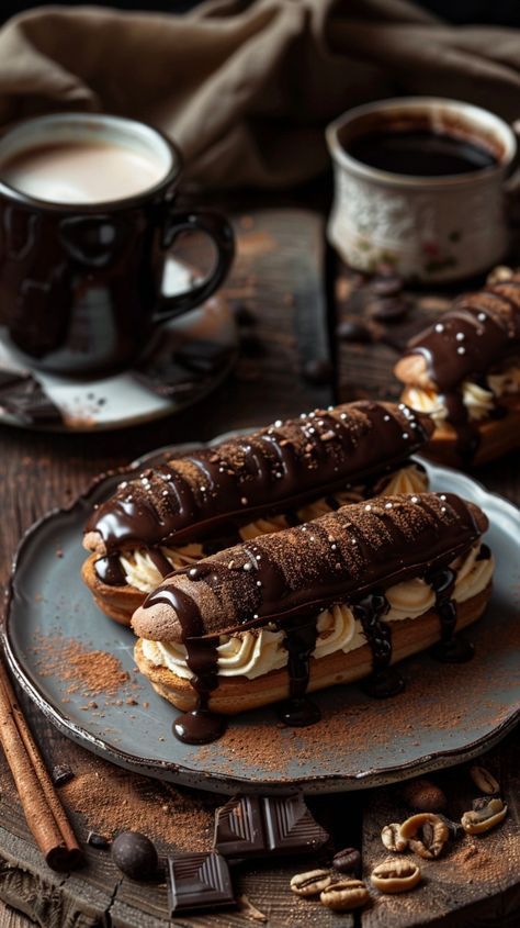 Food Aesthetically Dark, Fall Eclairs, Decorated Eclairs, Eclair Aesthetic, Desserts For Coffee, Eclair Dessert, Coffee Desserts, Fine Dining Desserts, Decadent Food