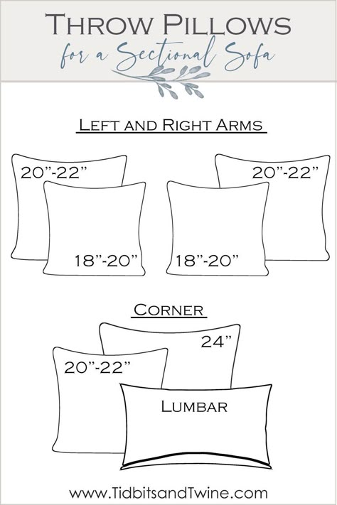 Throw Pillow Sectional, How To Wash Throw Pillows, Couch Pillow Arrangement, Throw Pillow Arrangement, Pillow Sizes Chart, Pillow Size Guide, Throw Pillow Combinations, Grey Couch Living Room, Pillow Combos