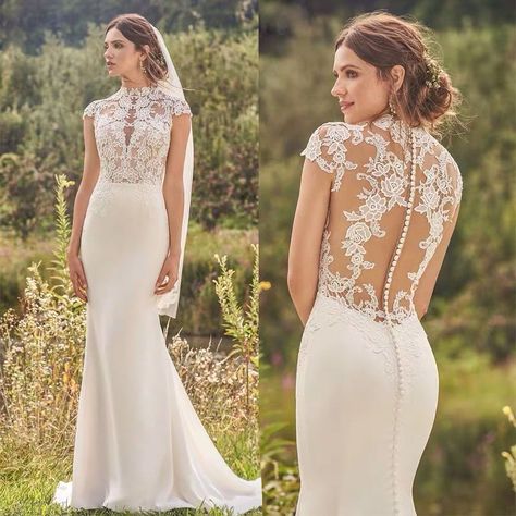 High Neck Lace Wedding Dress, Illusion Lace Wedding Dress, Dress Lengths, Illusion Wedding Dress, Big Wedding Dresses, Wedding Dress Fabric, Wedding Dress Cap Sleeves, High Neck Wedding Dress, Long Sleeve Wedding Dress Lace